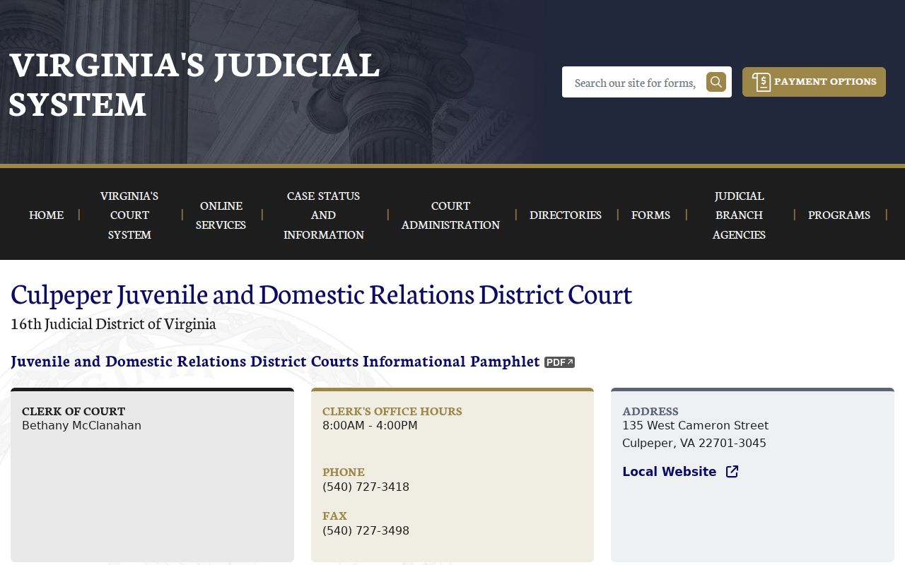 Culpeper County bench warrant access: Juvenile and Domestic Relations Court page