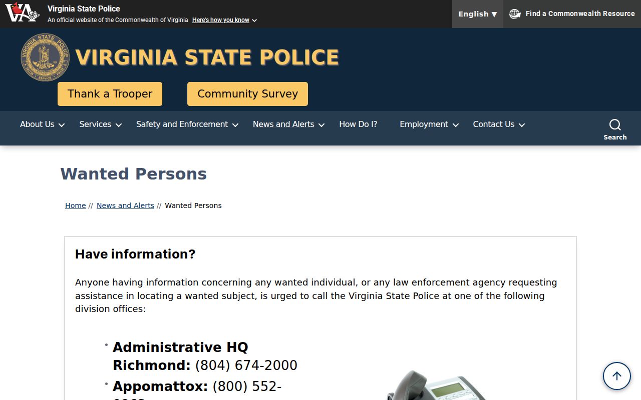 Culpeper County active warrant search: Virginia State Police wanted-person program