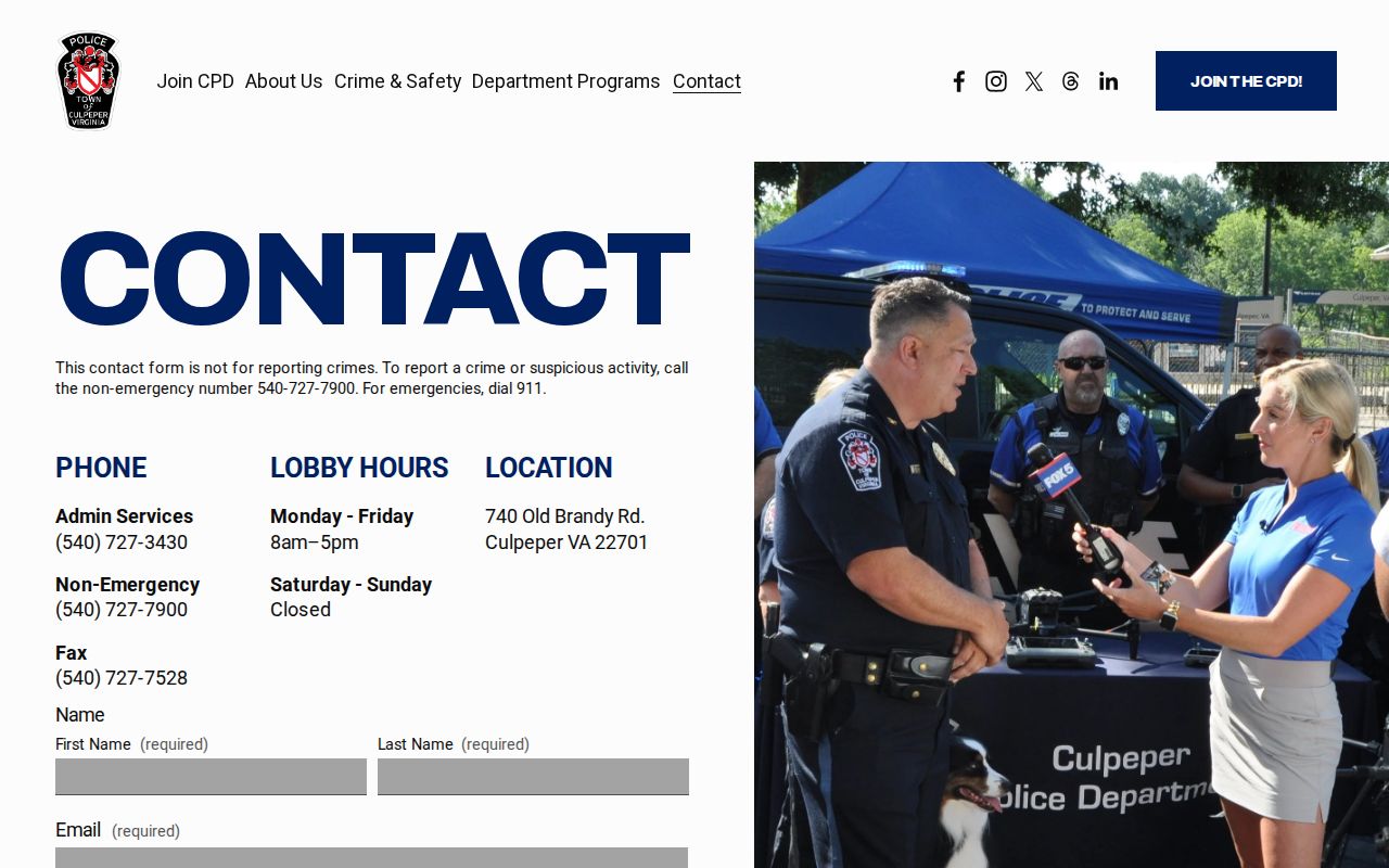 Culpeper warrant search: Town Police Department contact page