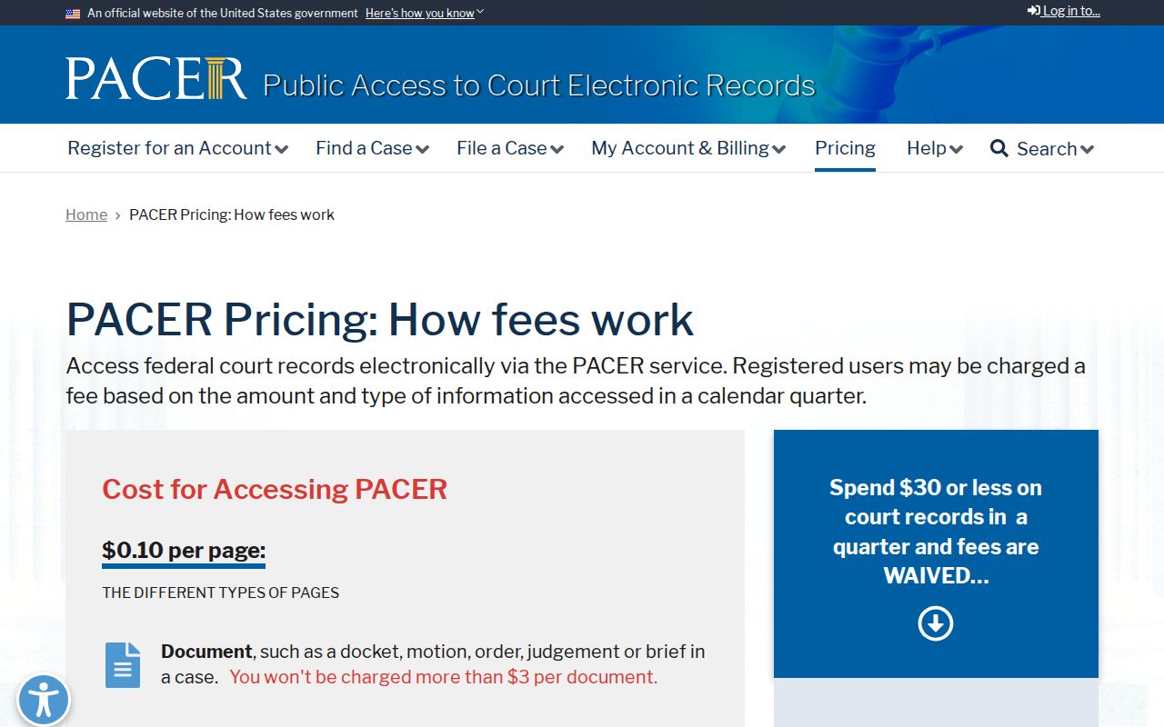Culpeper County federal warrant records: PACER access fee information